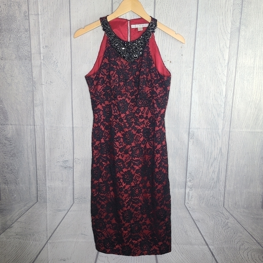 Boston Proper Red & Black Lace High Neck Formal Sheath Dress Size 2
